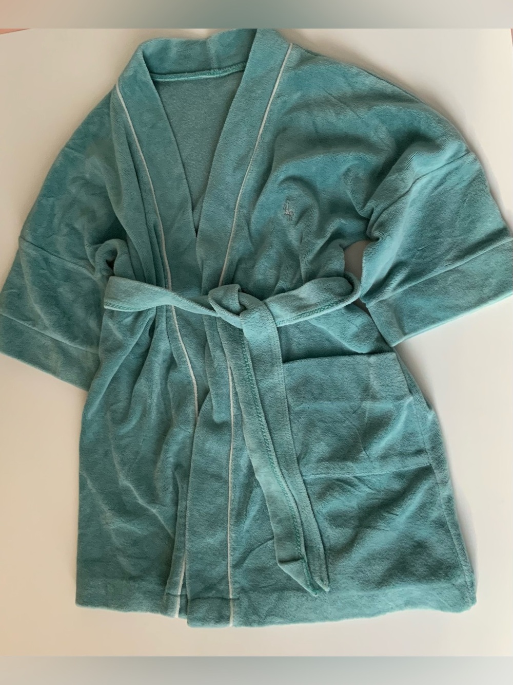 Vintage 80s Children’s Teal Velour Terry Robe with Belt- Rare